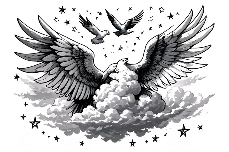 Wings, Couds, stars, Doves fly up towards clouds and writing tattoo design idea