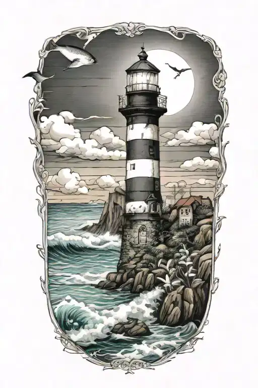 Ocean with light house and salt water fish tattoo design idea