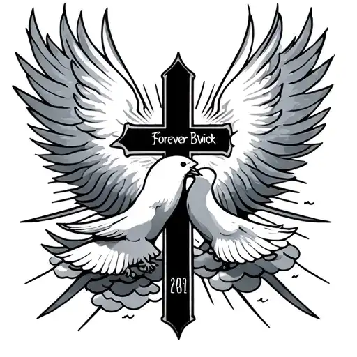 "Forever Bwick" doves plus clouds crossmemorial tattoo design featuring sun rays  tattoo design idea