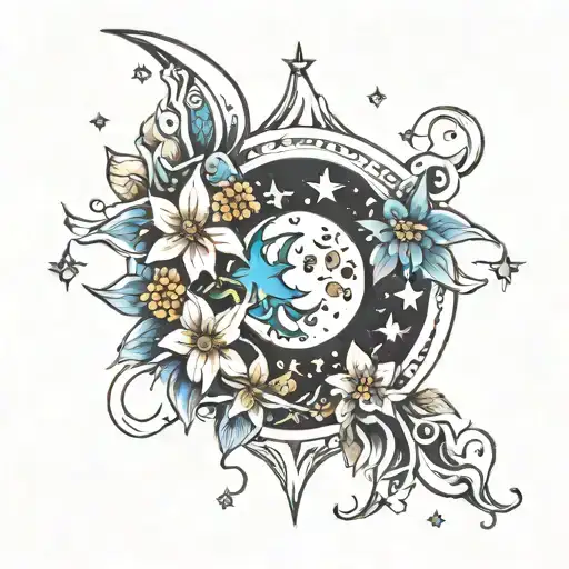 moon, stars and December flowers intertwined tattoo design idea