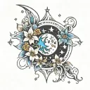 moon, stars and December flowers intertwined tattoo design idea