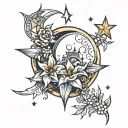 moon, stars and December flowers intertwined tattoo design idea