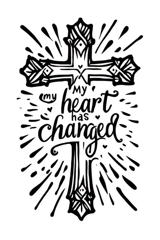 pretty, dainty cross that says "my heart has changed" written tattoo design idea