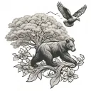 flying duck, attacking bear, Azalea flowers, large oak tree tattoo design idea