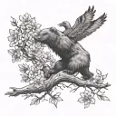 flying duck, attacking bear, Azalea flowers, large oak tree tattoo design idea