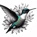 elegant minimalist fine line hummingbird hovering flower black and white tattoo design idea