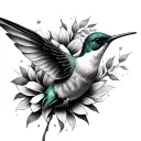 elegant minimalist fine line hummingbird hovering flower black and white tattoo design idea