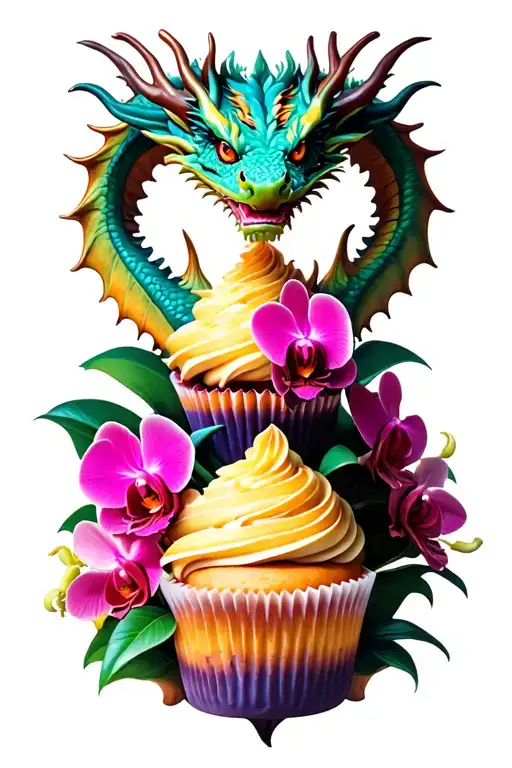 Dragon themed cupcake tower with intricate orchid decorations tattoo design idea