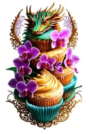 Dragon themed cupcake tower with intricate orchid decorations tattoo design idea