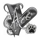 The name “ace” written across with only a paw print but the paw is heart shaped tattoo design idea