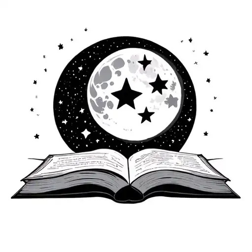 open book with pages turning and moon with stars  tattoo design idea