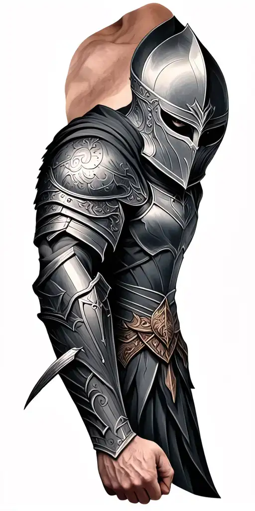 Create a knight tattoo around the circumference of the bicep and tricep. 5 cm above and below the end of the sleeve in t tattoo design idea
