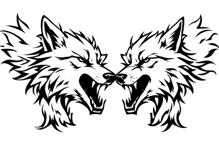 two fighting wolves with big fangs angry tattoo design idea