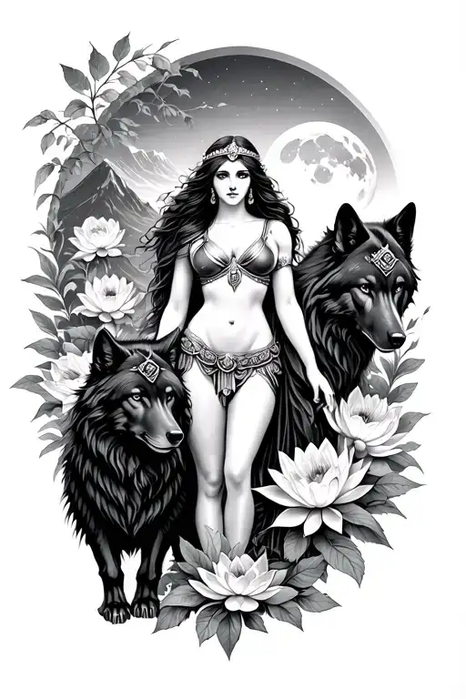 sexy Athena goddess surrounded by poeny and lotus flowers growing with a black wolf in a mountain range with the moon tattoo design idea