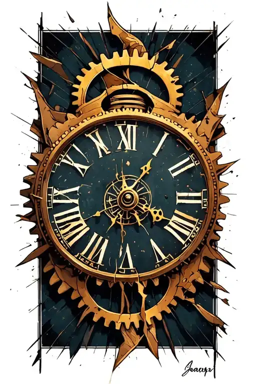 broken clock face, Roman numeral, cog tattoo design idea