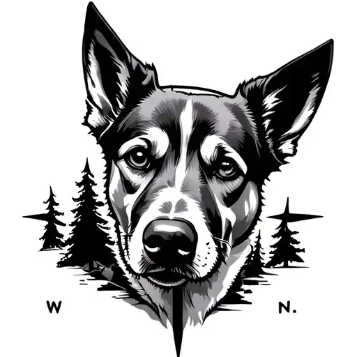 mountains hiker dog trees compass tattoo design idea