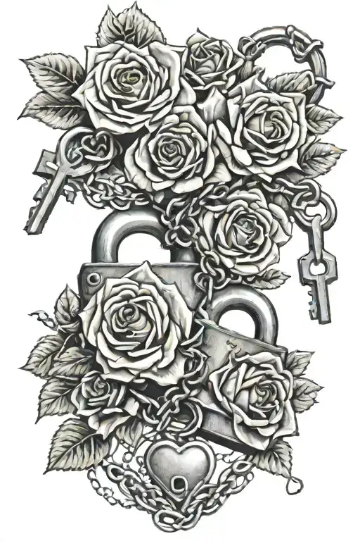 a romantic themed image with roses, chains, padlocks, keys and hearts. tattoo design idea