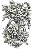 a romantic themed image with roses, chains, padlocks, keys and hearts. tattoo design idea