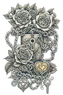 a romantic themed image with roses, chains, padlocks, keys and hearts. tattoo design idea