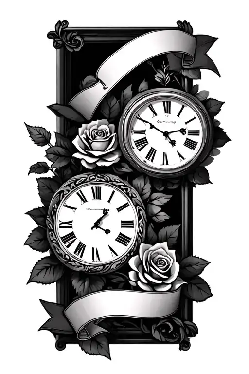 two clocks with banner and a rose intertwined tattoo design idea