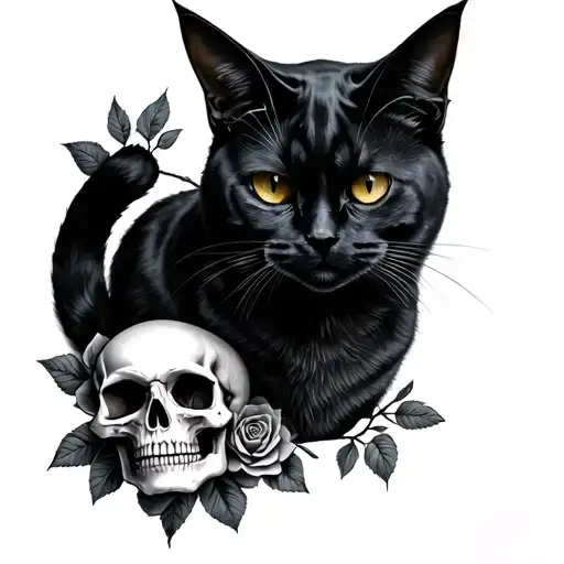 Goth cat with skull and roses tattoo design idea