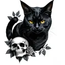 Goth cat with skull and roses tattoo design idea