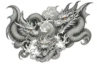 dragon and oni, sorrounded in clouds chest and shoulder tattoo design idea