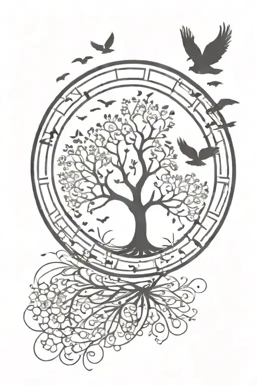 Tree of life with doves flying around it and sun on top  tattoo design idea