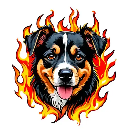 dog in flames left arm tattoo design idea