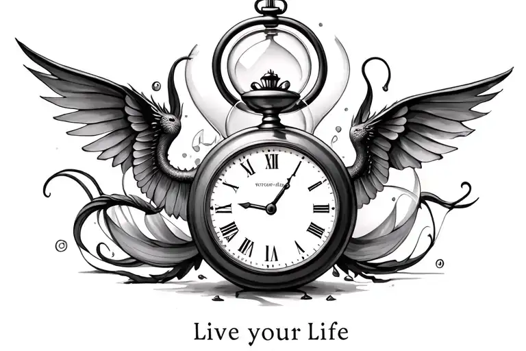 "Live Your Life" "Live Your Life" hourglass and pocket watch background creatures tattoo design idea