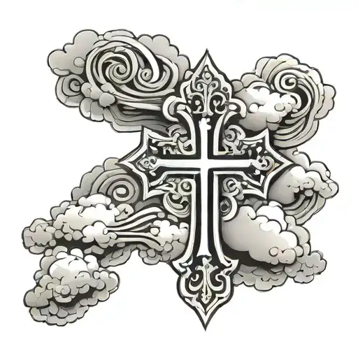 Christian cross with Christian necklace around clouds with two names tattoo design idea