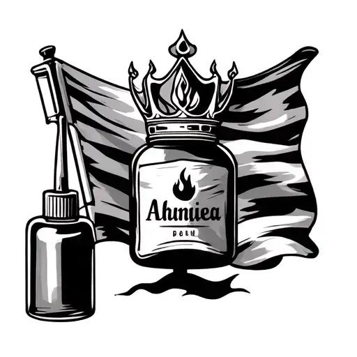 Glue bottle with fire symbol and crown and waving flag tattoo design idea