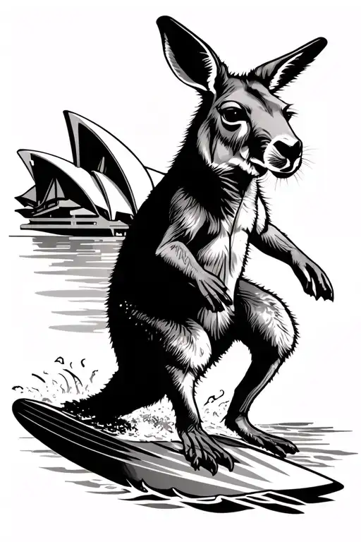Kangaroo Surfing next to sydney opera house tattoo design idea