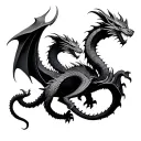 3–5 dragons arranged along the spine. Each dragon is unique in its pose and motion to create movement and balance along  tattoo design idea