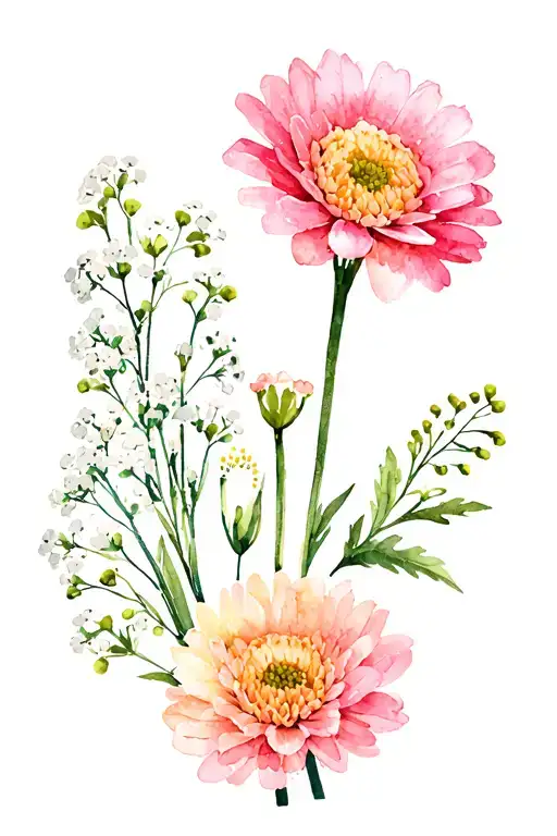 bouquet of flowers with alyssum flower, Baby breath, and chrysanthemum tattoo design idea