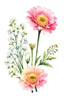 bouquet of flowers with alyssum flower, Baby breath, and chrysanthemum tattoo design idea