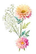 bouquet of flowers with alyssum flower, Baby breath, and chrysanthemum tattoo design idea