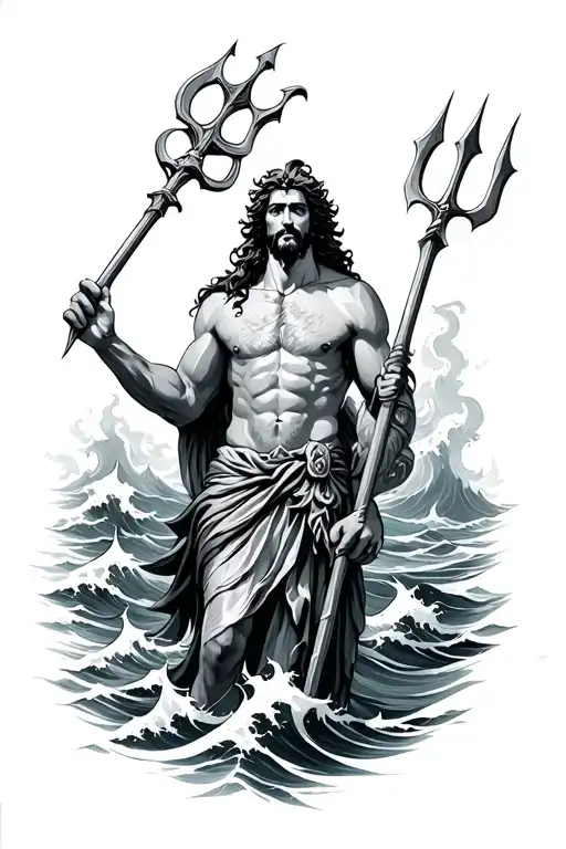 poseidon god with trident surrounded by rough ocean waves  tattoo design idea