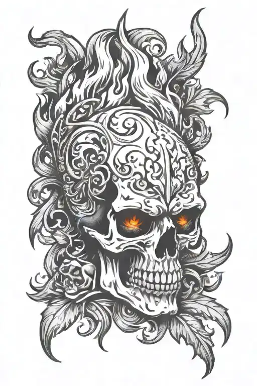 skull and flames of fire tattoo design idea