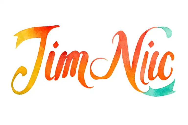 "Jim Nic" two words ambigram generator, femenine and minimalist style, delicate tattoo design idea