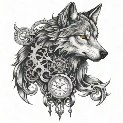 wolf face and clock mechanism intertwined tattoo design idea