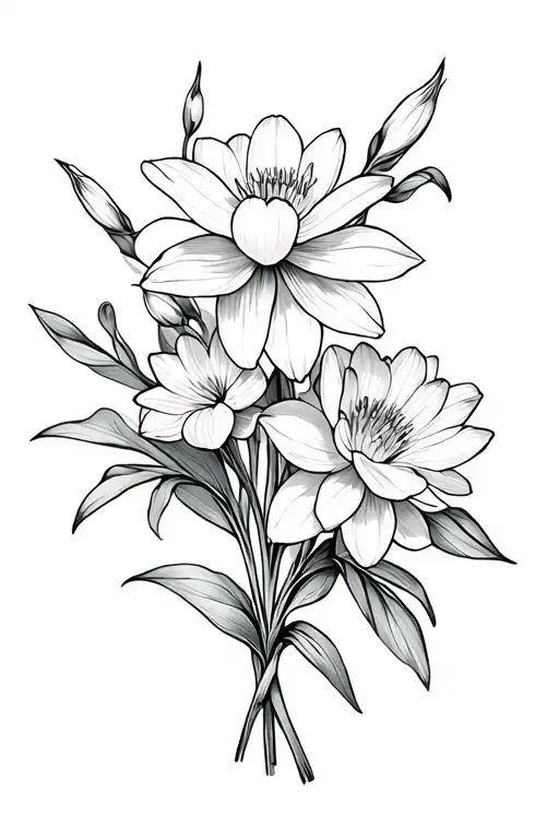 carnation, snowdrop narcissus, waterlily flower bouqets tattoo design idea