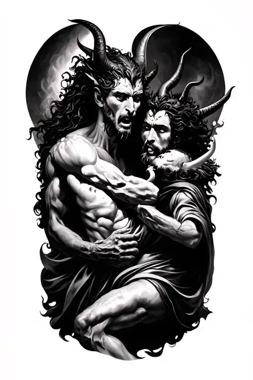 god and the devil fighting realism style tattoo black and white tattoo design idea
