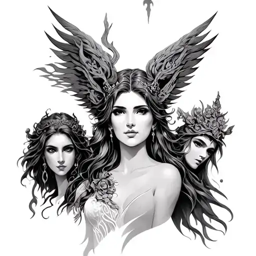 tatoo concept with fortuna goddess, Icar and nemesis goddess tattoo design idea