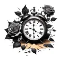 rose, broke sand clock and broken clock surrounded tattoo design idea