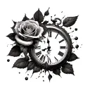 rose, broke sand clock and broken clock surrounded tattoo design idea