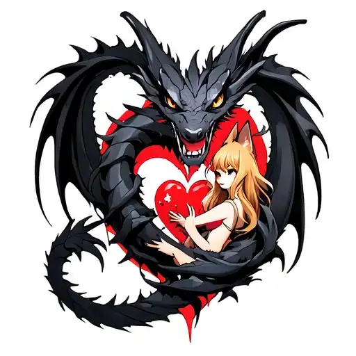 tattoo of a black dragon wrapped around a shattered heart held by an anime fox girl tattoo design idea