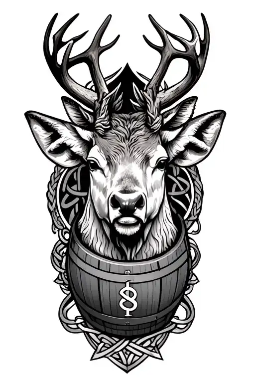 Half sleeve - Stag head, pisces zodiac sign, astrology symbol, whisky barrel all in Celtic theme  tattoo design idea