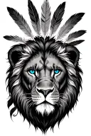 Lion that represents courage with blue eyes and a scar in the face with Indian feathers on his head tattoo design idea