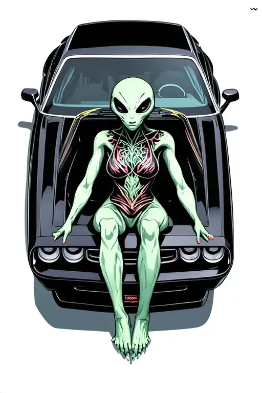 an alien sitting inside of a black dodge challenger car tattoo design idea